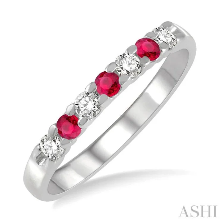 Silver Men’s Ring with Design-1/5 ctw Round Cut Diamond and 2.3MM Ruby Precious Wedding Band in 14K White Gold