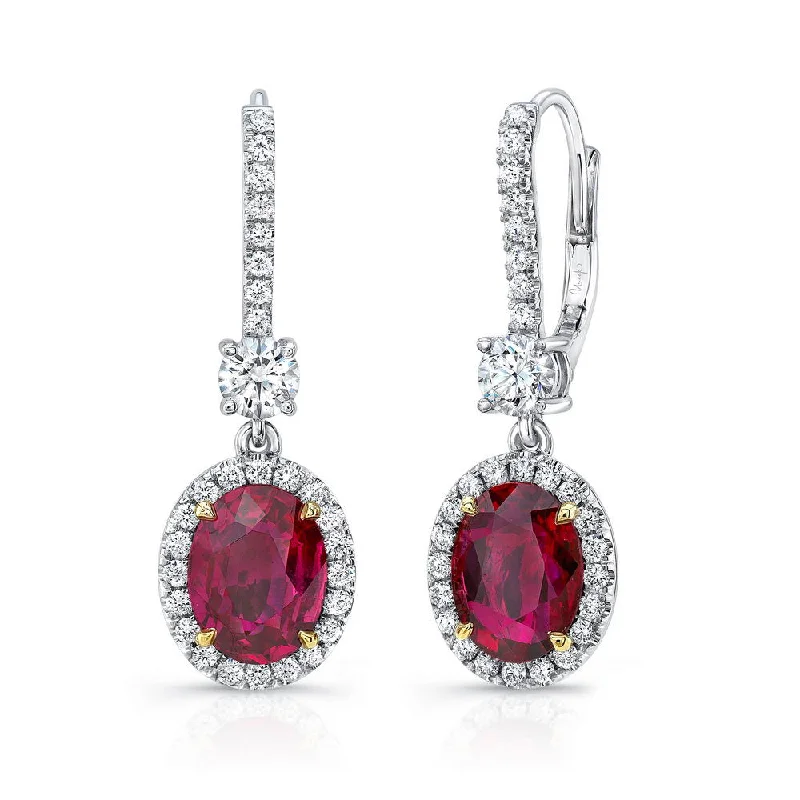 Luxury Stud Earrings for Women-Uneek Oval Ruby Dangle Earrings with Round Diamond Accents