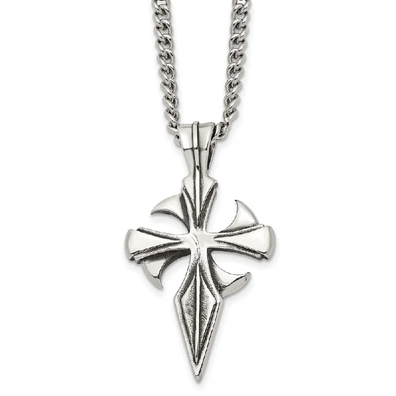 Large Crystal Necklace for Evening Wear-Men's Stainless Steel Large Antiqued Dagger Cross Necklace, 22 Inch