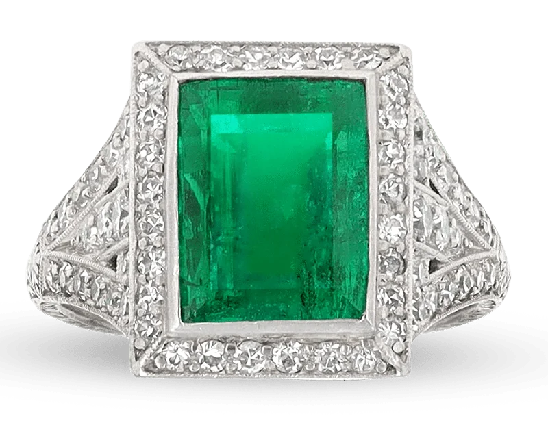 Simple Engagement Ring for Elegant Look-Colombian Emerald Art Deco Ring, 4.00 Carats