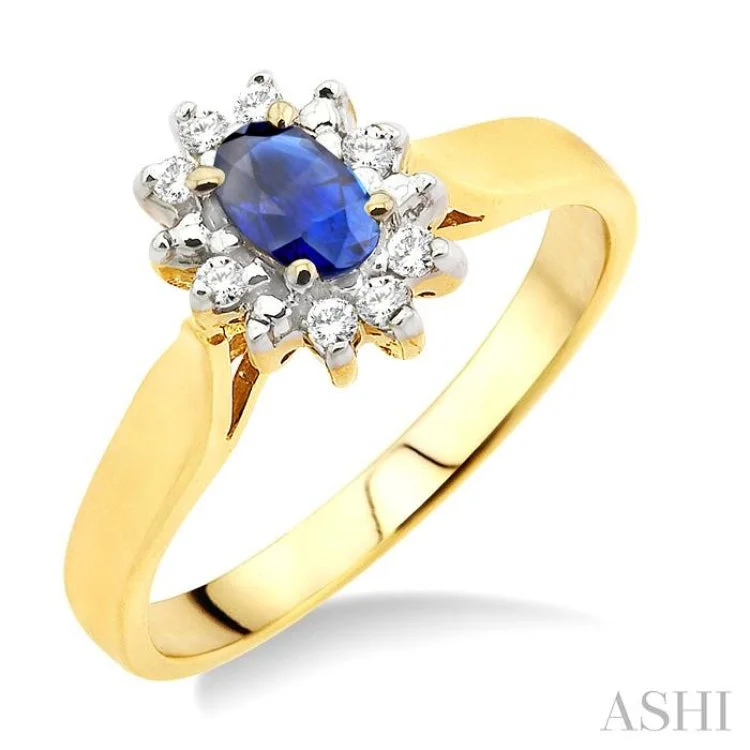 Handcrafted Wedding Ring for Couples-5x3mm Oval Cut Sapphire and 1/10 Ctw Round Cut Diamond Ring in 14K Yellow Gold