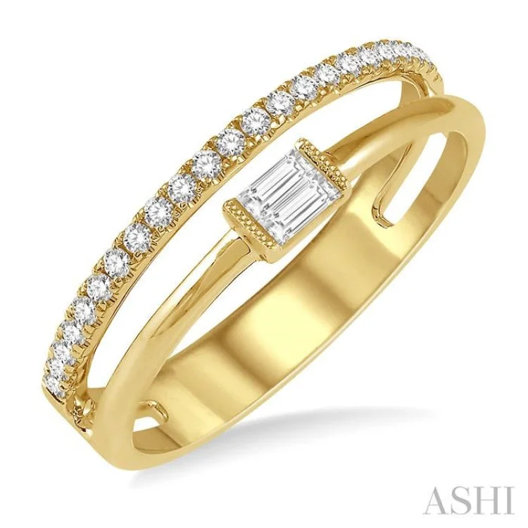 Elegant Rose Gold Ring-1/5 ctw Double Row Baguette and Round Diamond Fashion Ring in 14K Yellow Gold