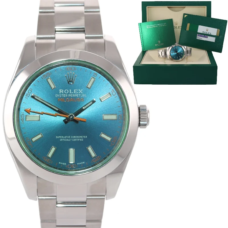 Classic Watches with Gold and Silver Design-2018 PAPERS Rolex Milgauss Blue Dial Anniversary Green 116400GV Steel Watch Box