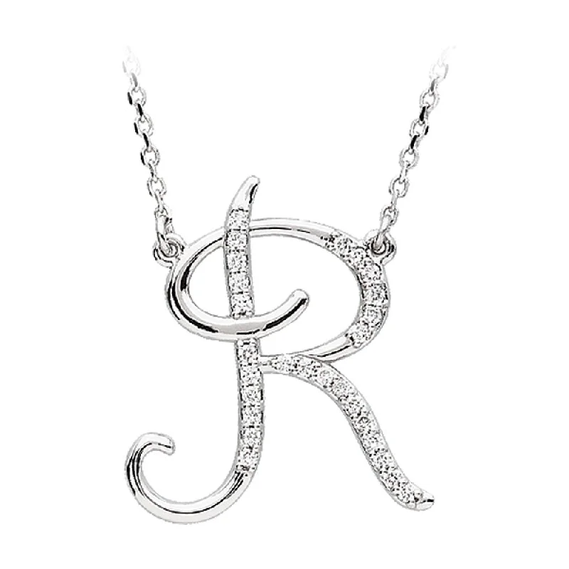 Stylish Necklace for Special Events-1/8 Ct Diamond 14k White Gold Medium Script Initial R Necklace, 17in