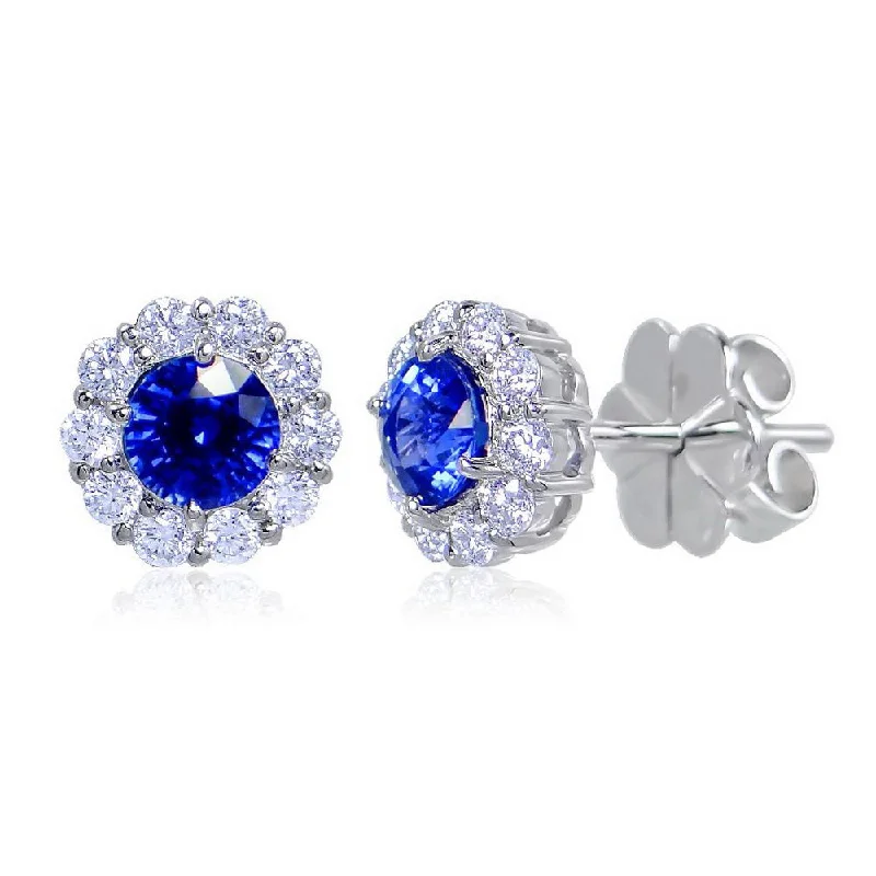 Creative Earrings for Trendy Looks-Uneek Round Blue Sapphire Stud Earrings with Scalloped Diamond Halos