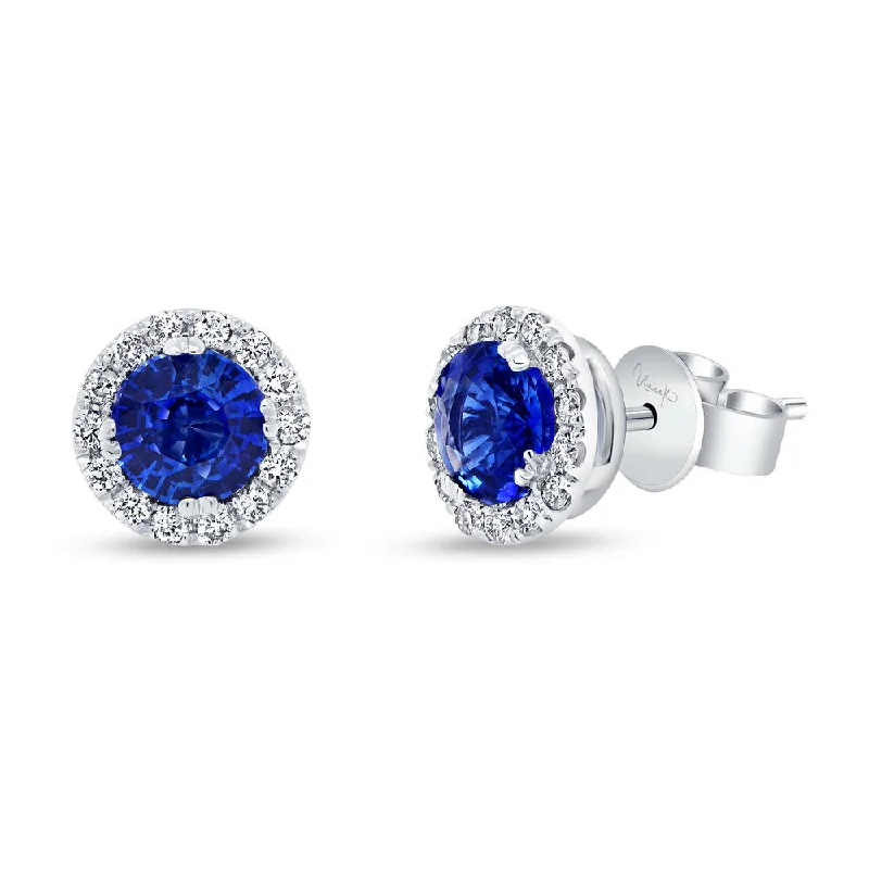 Elegant Long Earrings for Weddings-Uneek Precious Collection Halo Round Blue Sapphire Stud Earrings