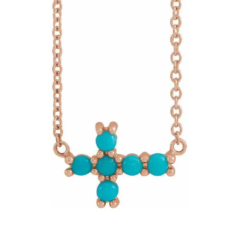 Vintage Gold Necklace for Women-14K Yellow, White or Rose Gold Turquoise Petite Cross Necklace, 18 In