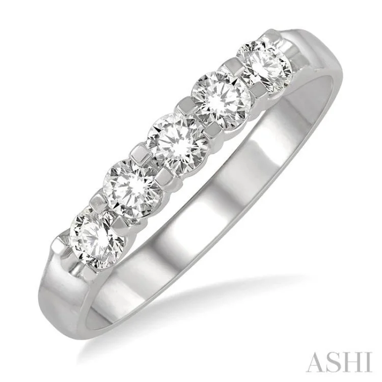 Silver Wedding Ring for Couples-1/2 ctw 5 Stone Round Cut Diamond Wedding Band in 14K White Gold