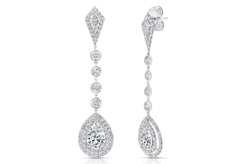 Elegant Gold Earrings for Daytime Wear-Uneek Pear-Shaped Diamond Drop Earrings with Teardrop-Shaped Double Halos and Kite-Shaped Accent Diamonds