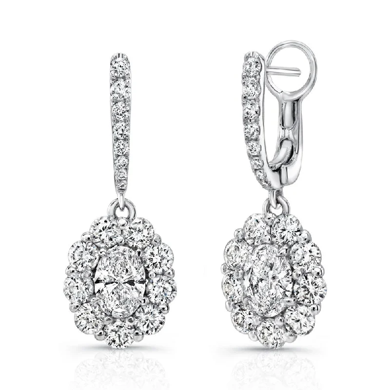 Dazzling Drop Earrings for Formal Wear-Uneek Oval Diamond Drop Earrings with Scallop-Illusion Diamond Halos