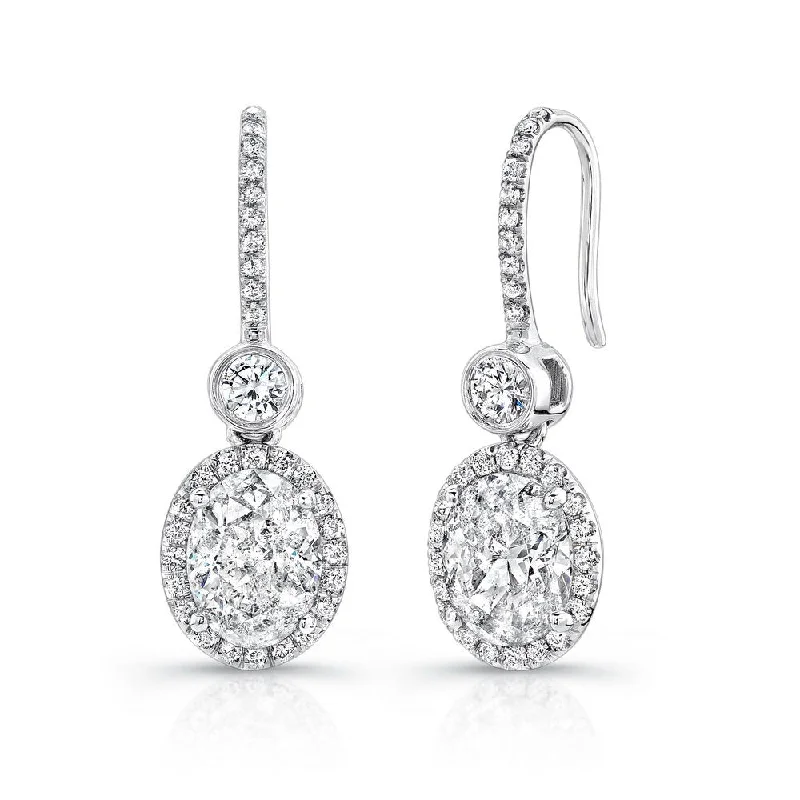 Fashionable Earrings for Parties-Uneek Oval Diamond Drop Earrings with Bezel-Set Round Diamonds