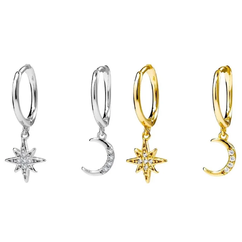 Sparkling Earrings for Evening Parties-Sterling Silver Sleepers - CZ Star & Moon