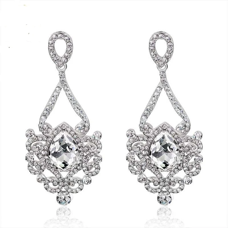 Crystal Earrings for Parties-TRZ -005 Bridal Luxurious Floral Teardrop Crystal Earrings Wedding Accessories