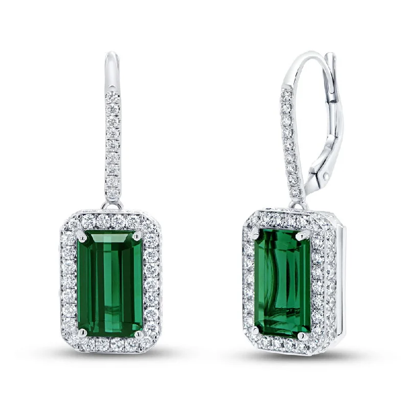 Beautiful Stud Earrings for Women-Uneek Precious Collection Halo Emerald Cut Indicolite Tourmaline Drop Earrings