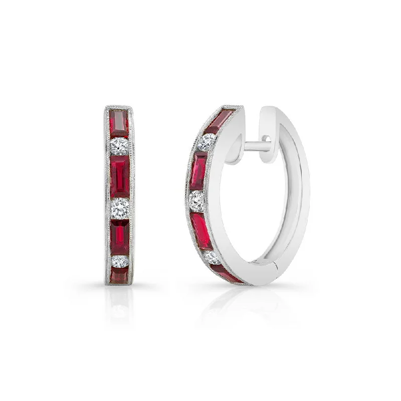 Statement Earrings for Weddings-Uneek Precious Collection Baguette Ruby Huggie Earrings