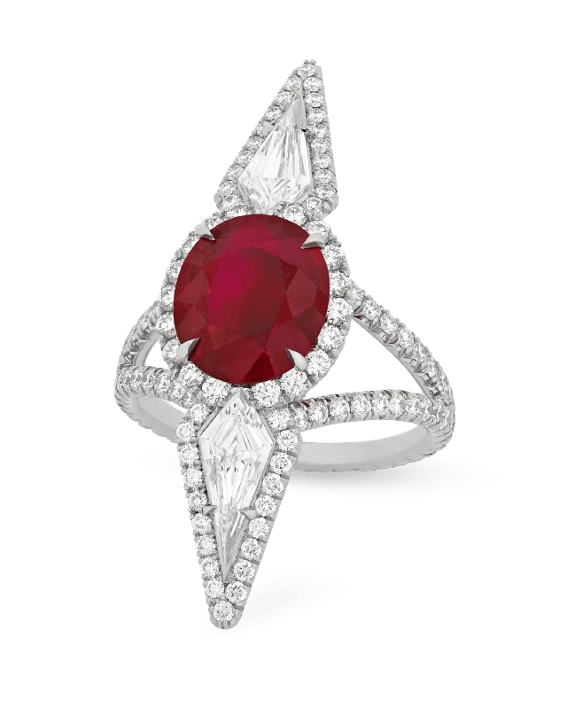 Stylish Gold Ring for Special Occasions-Burma Pigeon-Blood Ruby and Diamond Ring, 3.16 Carats