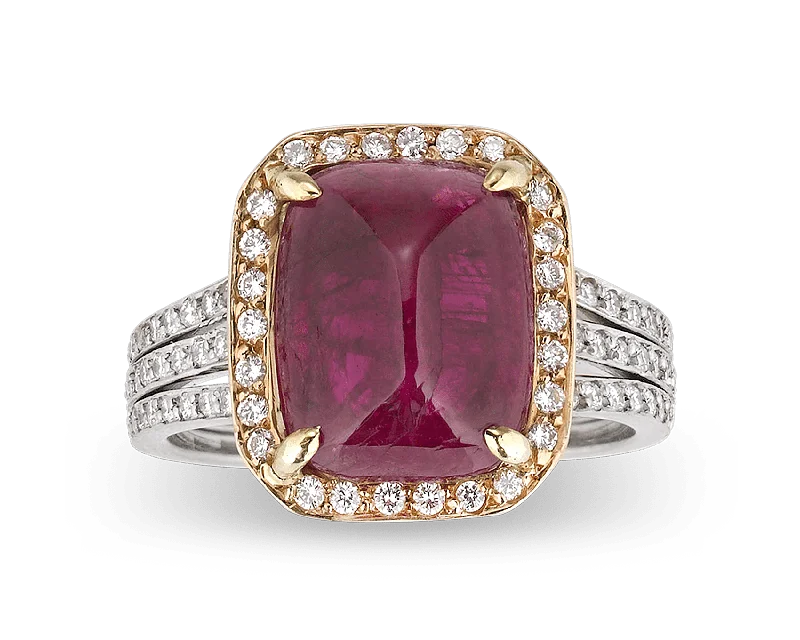 Multi-Gemstone Ring for Fashion Style-Untreated Burma Cabochon Ruby Ring, 6.31 Carats