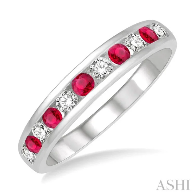 Sapphire Engagement Ring for Women-1/4 ctw Round Cut Diamond and 2.3MM Ruby Precious Wedding Band in 14K White Gold