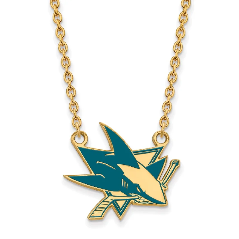 Vintage Pendant Necklace for Women-SS 14k Yellow Gold Plated NHL San Jose Sharks LG Enamel Necklace, 18in