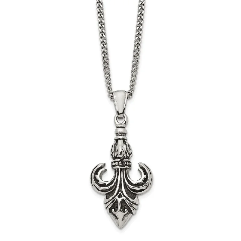 Elegant Chain Necklace for Weddings-Men's Stainless Steel Antiqued Fleur de lis Necklace, 22 Inch