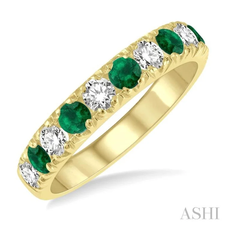 Gold Wedding Band with Diamonds-1/2 ctw Round Cut Diamond and 2.9MM Emerald Precious Wedding Band in 14K Yellow Gold