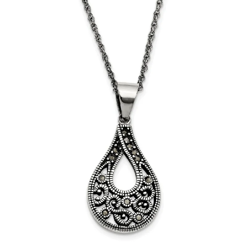 Gold Chain Necklace for Women-Marcasite Teardrop Necklace in Antiqued Stainless Steel, 20 Inch