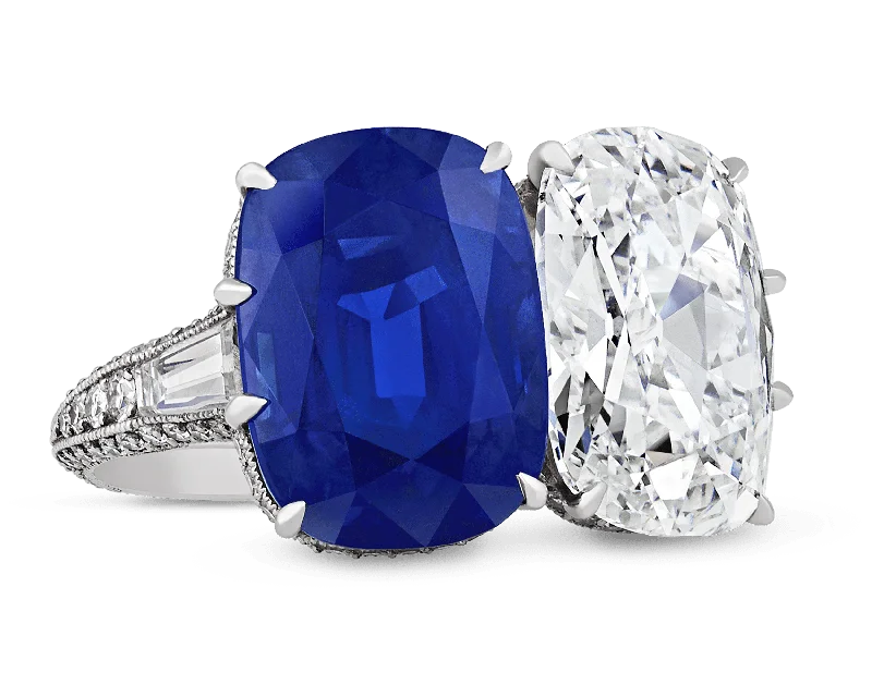 Designer Wedding Ring Set for Couples-Kashmir Sapphire and Golconda Diamond Ring