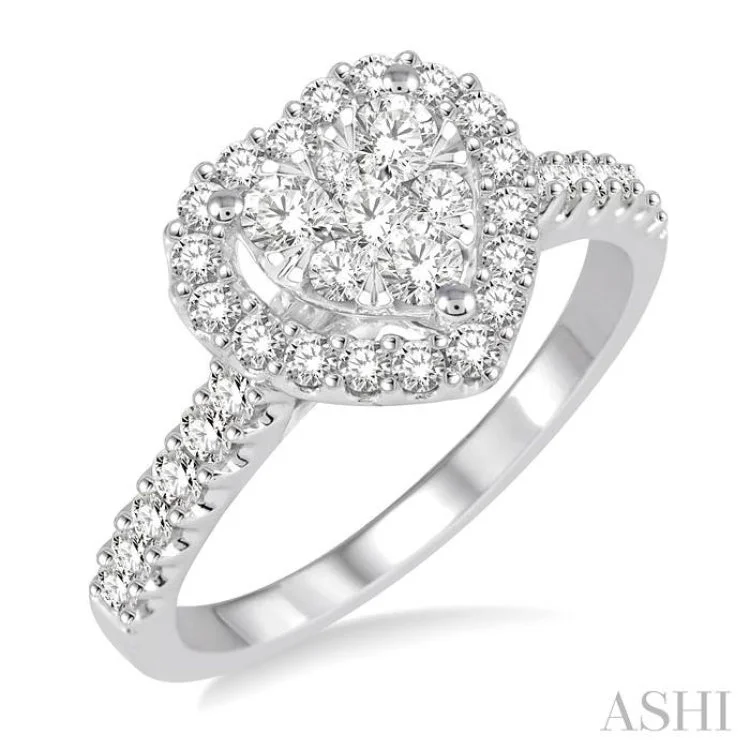 Personalized Ring with Custom Engraving-1/2 Ctw Round Cut Diamond Heart Shape Lovebright Ring in 14K White Gold