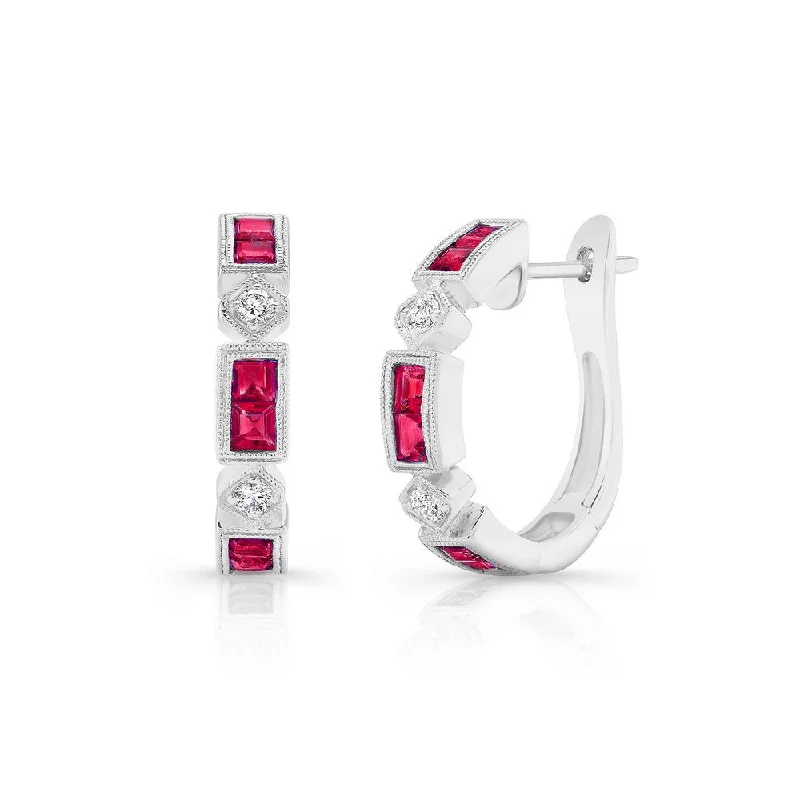 Elegant Gold Earrings for Daytime Wear-Uneek Precious Collection Princess Cut Ruby Huggie Earrings