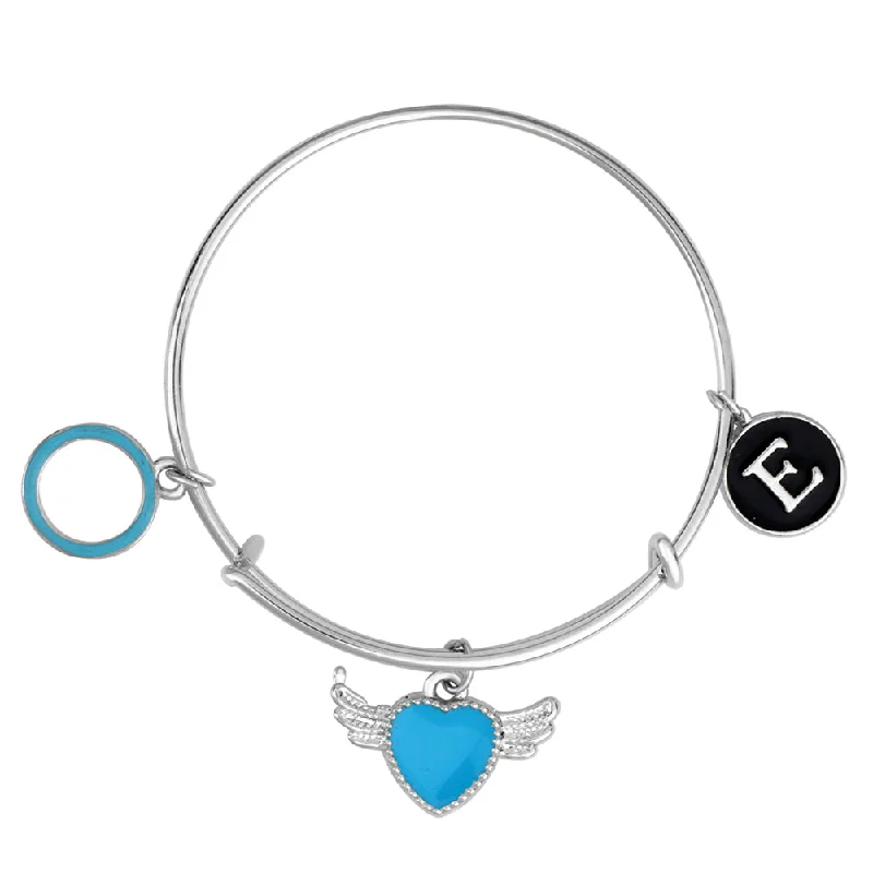 Handcrafted Bangle Bracelets for Women-Mahi E Letter Circle & Heart Wing Shaped Rhodium Plated Enamel Work Charms Kids Bracelets for Kids (BRK1100963R)