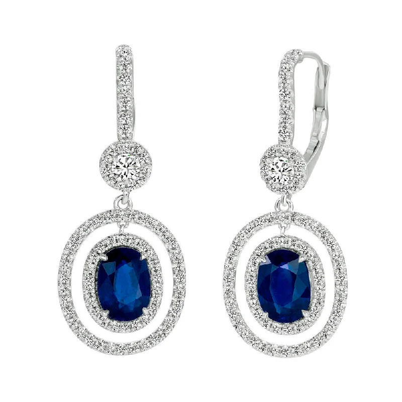 Bright Earrings for Daytime Looks-Uneek Precious Collection Halo Oval Shaped Blue Sapphire Dangle Earrings