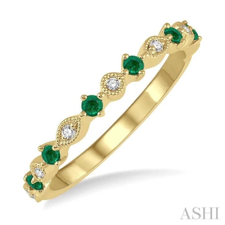 Unique Wedding Ring for Him and Her-1.80 MM Round Cut Emerald and 1/20 Ctw Round Cut Diamond Half Eternity Wedding Band in 14K Yellow Gold