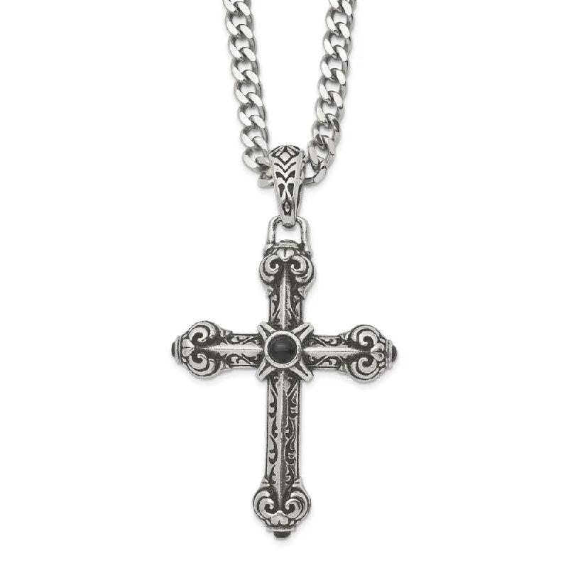 Layered Necklace for Trendy Looks-Stainless Steel Synthetic Black Agate XXL Antique Cross Necklace 24 In