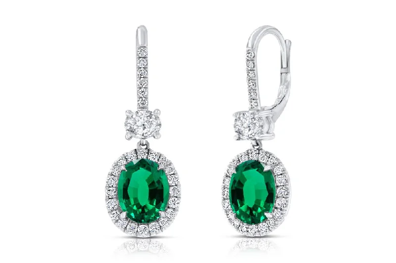 Sparkly Earrings for Bridesmaids-Uneek Oval Green Emerald Dangle Earrings with Pave Diamond Halos