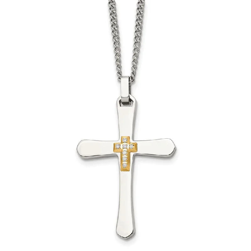 Handmade Necklace for Special Occasions-Stainless Steel, 14k Gold Plated & Diamond Cross Necklace - 22 Inch