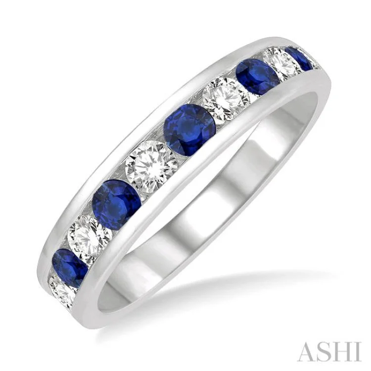 Customizable Silver Ring for Men-1/2 ctw Round Cut Diamond and 2.9MM Sapphire Precious Wedding Band in 14K White Gold