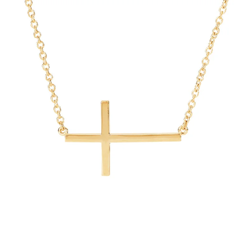 Personalized Heart Necklace for Moms-28mm Polished Sideways Cross Adjustable 14k Yellow Gold Necklace