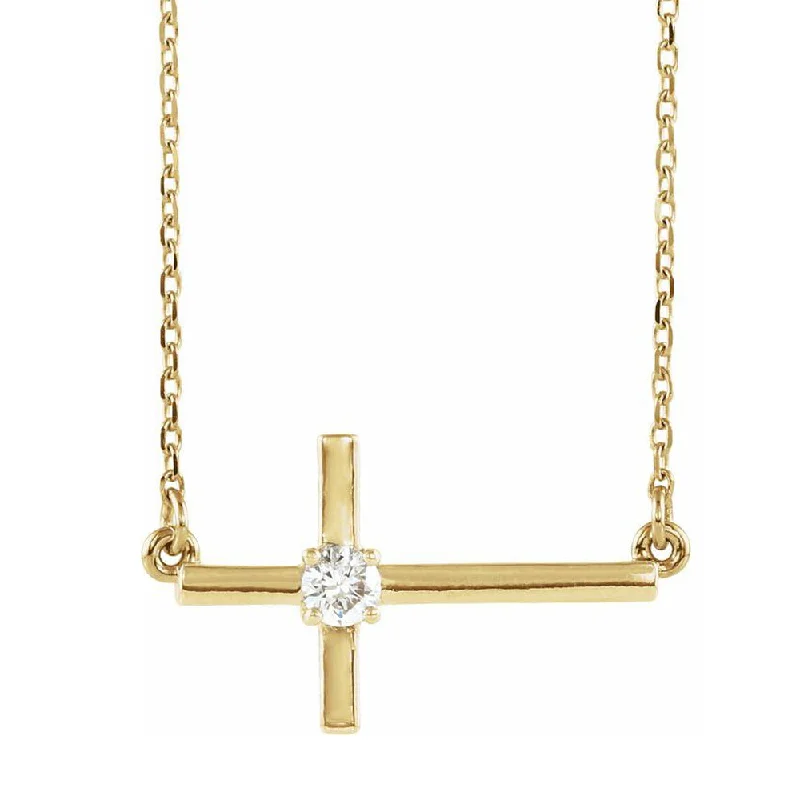 Trendy Gemstone Necklace-14K Yellow Gold & Diamond Sideways Cross Necklace, 16-18 Inch