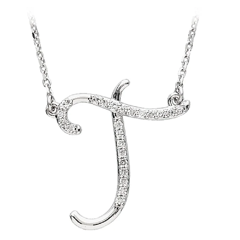 Personalized Necklace with Charm-1/8 Ctw Diamond 14k White Gold Medium Script Initial T Necklace, 17in