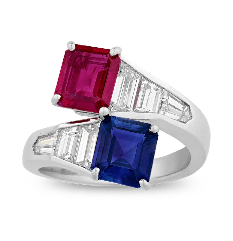 Customizable Silver Ring for Men-Ceylon Sapphire and Ruby Bypass Ring