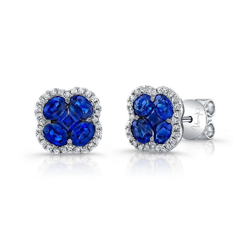 Classic Earrings for Women-Uneek Precious Collection Floral Oval Shaped Blue Sapphire Stud Earrings