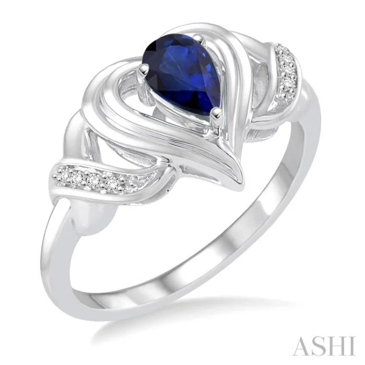 Classic Titanium Ring for Wedding-6x4 MM Pear Shape Sapphire and 1/50 Ctw Round Cut Diamond Ring in Sterling Silver