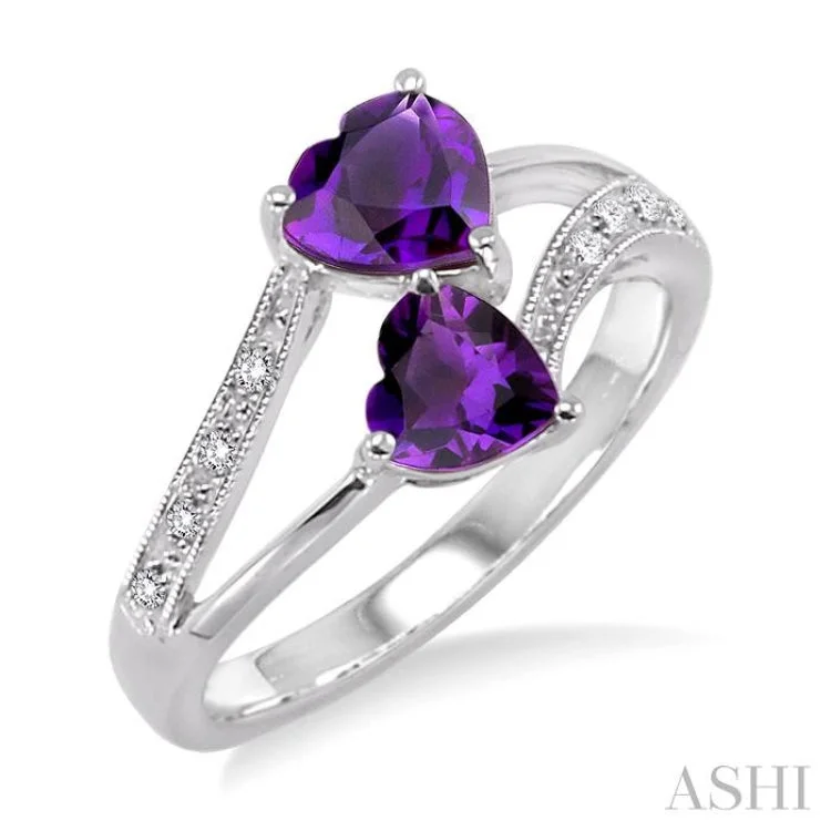 Customizable Promise Ring-5 & 6MM Heart Shape Amethyst and 1/20 Ctw Round Cut Diamond Ring in 14K White Gold