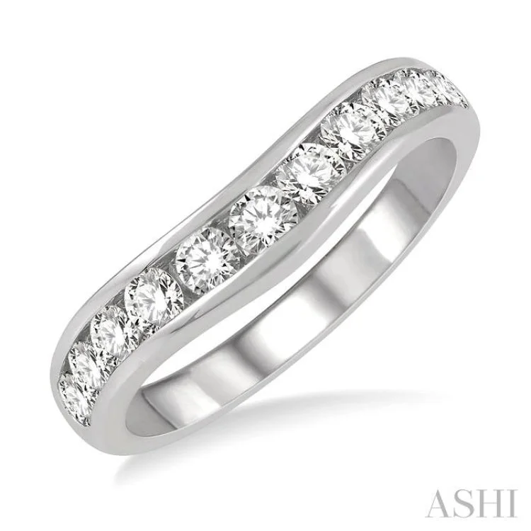 Classic Silver Ring for Casual Wear-3/4 Ctw Round Cut Diamond Inlay Wedding Band in 14K White Gold