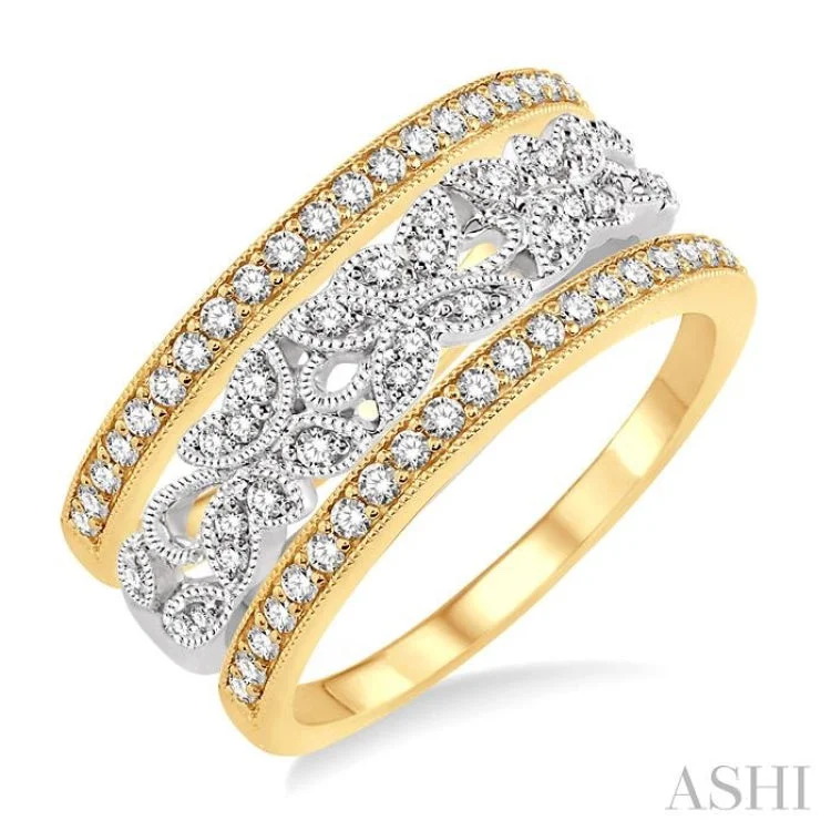 Elegant Diamond Engagement Ring-1/2 Ctw Round Cut Diamond Triple Band Set in 14K White and Yellow Gold