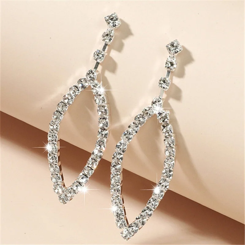 Handcrafted Silver Drop Earrings-Oval Crystal Hanging Wedding Rhinestone Earrings JS-039