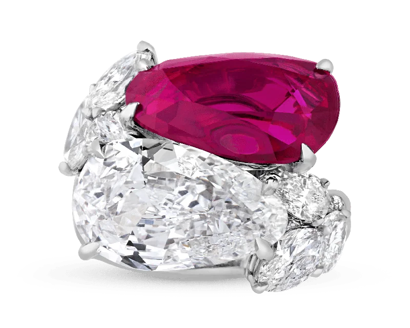 Beautiful Ruby Ring for Statement Look-Burma Ruby and Golconda Diamond Bypass Ring