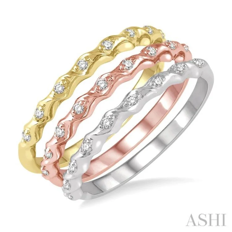 Silver Wedding Ring Set for Couples-1/5 ctw Twisted Top Three Tone Round Cut Diamond Stackable Band in 14K White, Yellow and Rose Gold