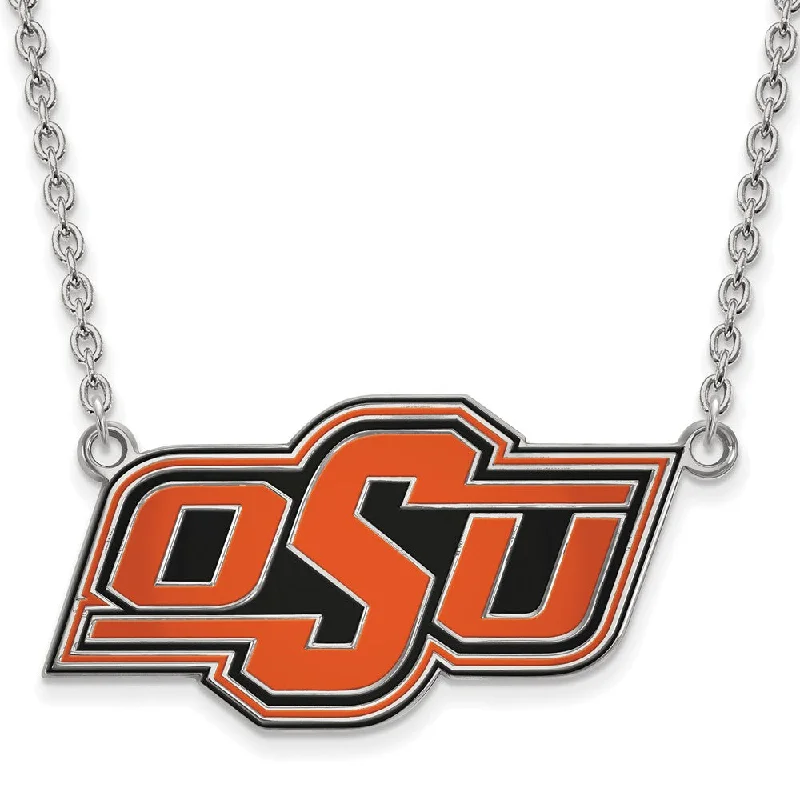 Dainty Necklace for Everyday Looks-Sterling Silver Oklahoma State Large OSU Enamel Pendant Necklace