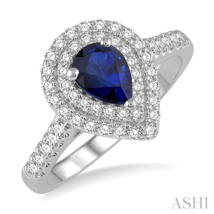 Luxury Gold Ring for Anniversary-1/2 Ctw Pear Shape 7x5mm Sapphire & Round Cut Diamond Precious Ring in 14K White Gold